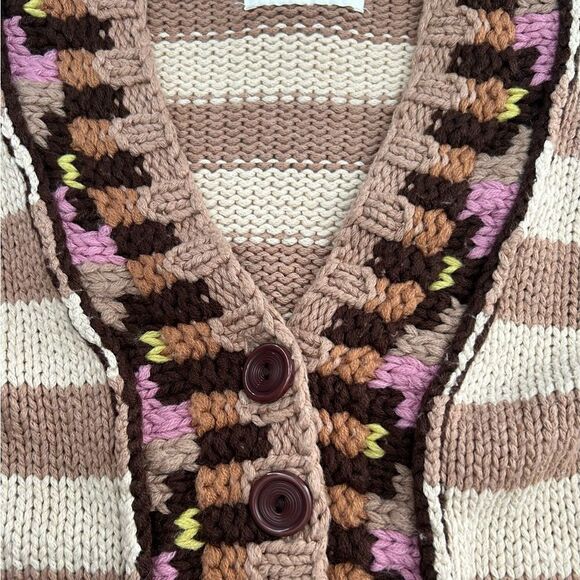 ANTHROPOLOGIE SPARROW Hopi Basket Cardigan Sweater Striped Cream Tan Size Medium - Picture 6 of 10